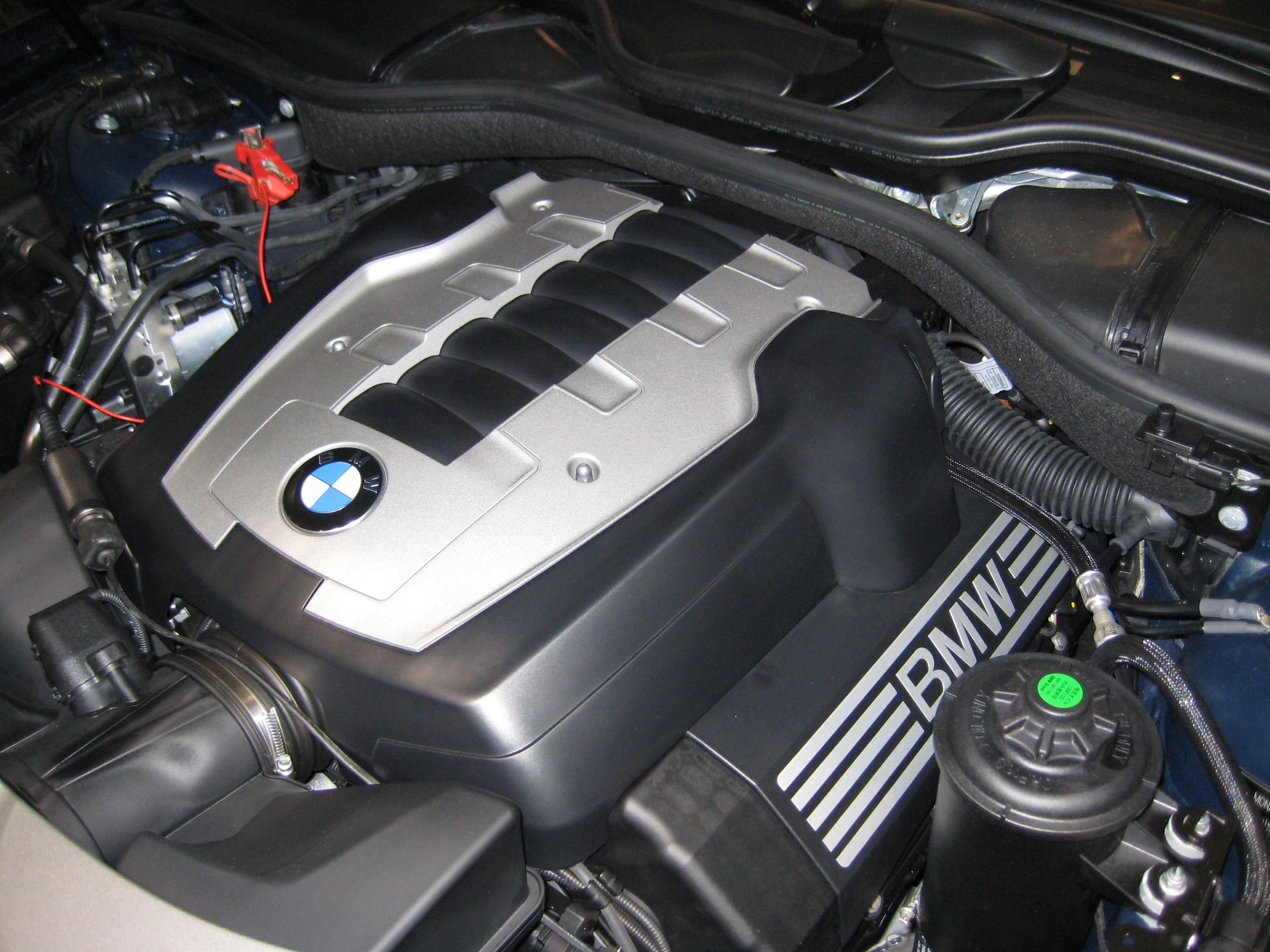 BMW N62B48 V8 engine installed in an E65 750i engine bay.