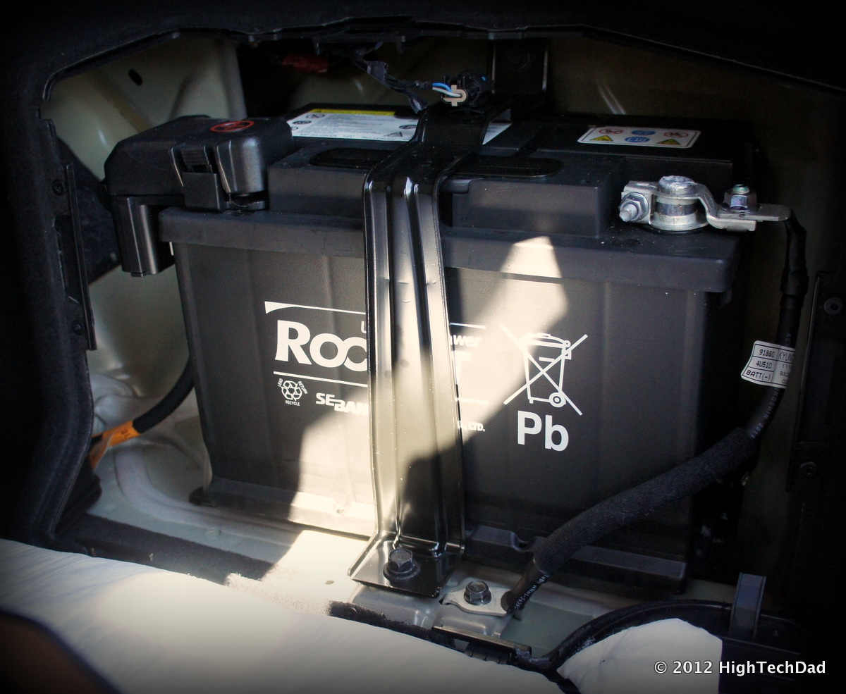 Hybrid battery pack installed in the trunk area of a Kia Optima Hybrid.