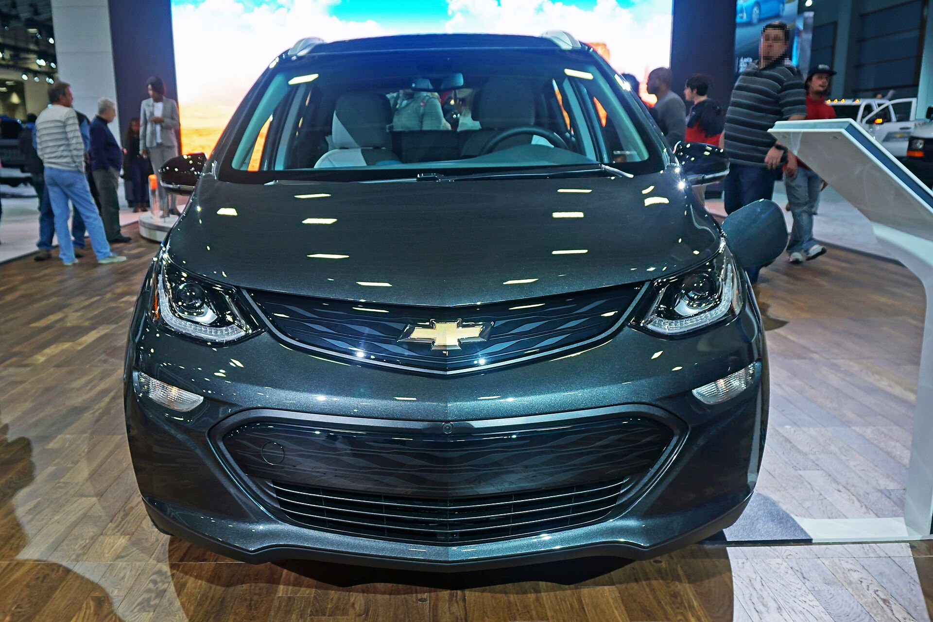 White 2017 Chevrolet Bolt EV displayed at the Washington Auto Show.