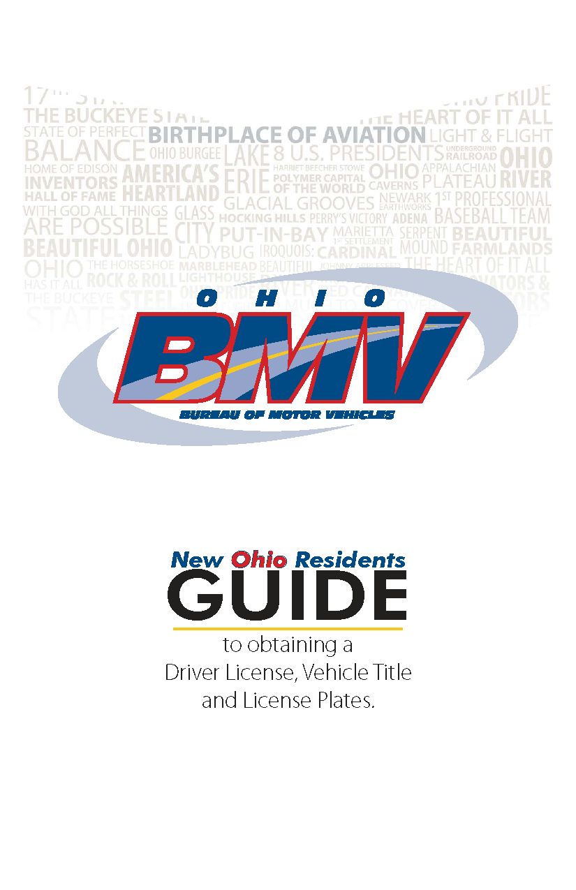 Official state guide cover about obtaining a driver license, vehicle title, and license plates.